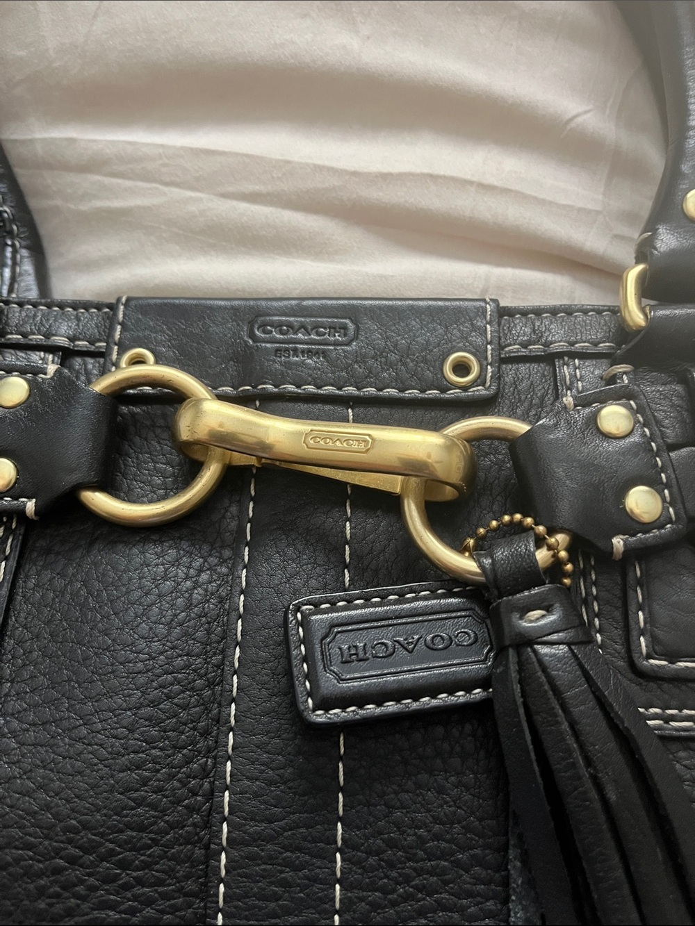 Coach Black Pebbled Leather Shoulder Bag with Braided Trim - Picture 2 of 8